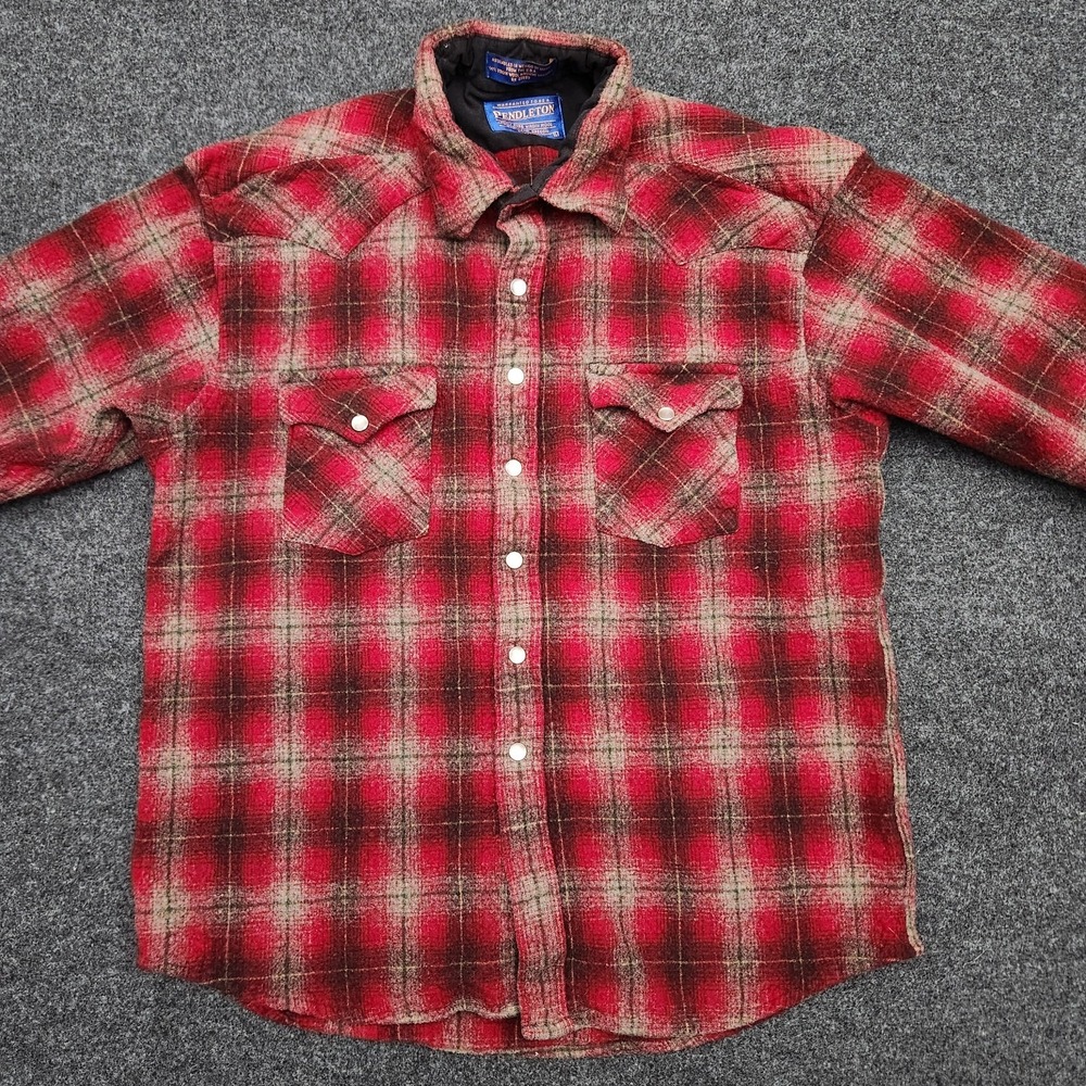 Pendleton Youth Large Red Brown Plaid Wool Heavyweight Pearl‎ Snap Shirt Shacket
